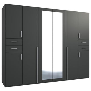 The FENTON 6 Door Mirrored Wardrobe in graphite (270cm) features a modern design with six doors—two full-length mirrors—and four side drawers with horizontal handles, shown here against a white background.
