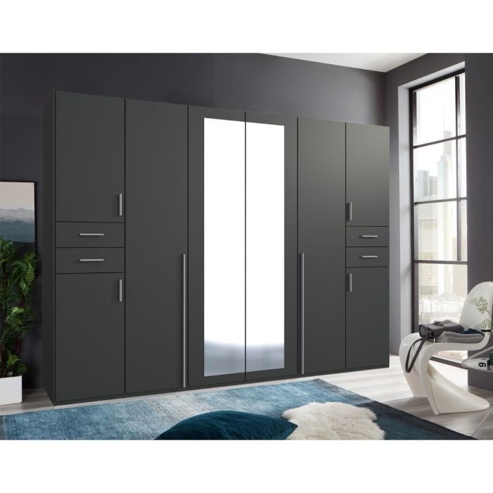 FENTON 270cm graphite 6-door wardrobe with central mirrored doors