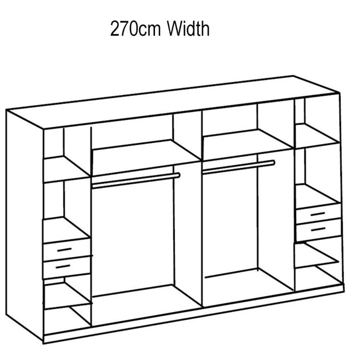 Line drawing of FENTON 270cm 6-door wardrobe with mirrors, shelves and drawers