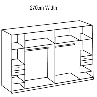 Black-and-white line drawing of the FENTON 6 Door Mirrored Wardrobe in graphite finish, 270cm wide, showing open shelves, two hanging rails, and multiple drawers on both the left and right sides.