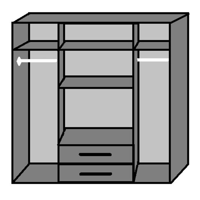 Grayscale illustration of a 4-door wardrobe interior with shelves, drawers, and hanging rails.