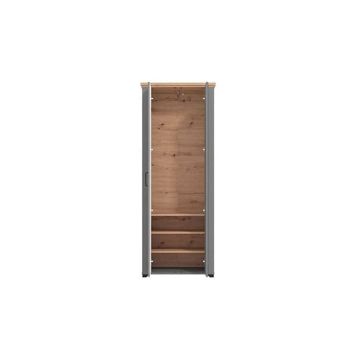 HESTA 2-door grey and artisan oak wardrobe with mirrored door, showing internal shelving.