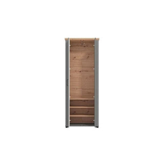 The HESTA 2 Door Mirrored Wardrobe in grey and artisan oak (75cm) features a tall, slim design with a wooden interior, two lower shelves, a top hanging rail, and is shown empty from the front against a white background.
