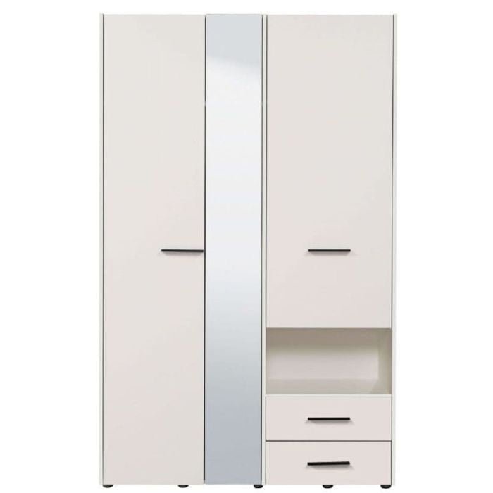 White 3-door wardrobe with central mirror, two black handles, and right-side open shelf with two drawers.