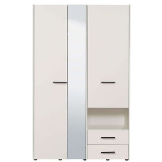 The Wardrobe - HIGHAM 3 Door Mirrored Wardrobe White 127.5cm offers spacious storage with three doors, a vertical mirror, two drawers, an open shelf in the right section, and black handles that enhance its modern minimalist style.