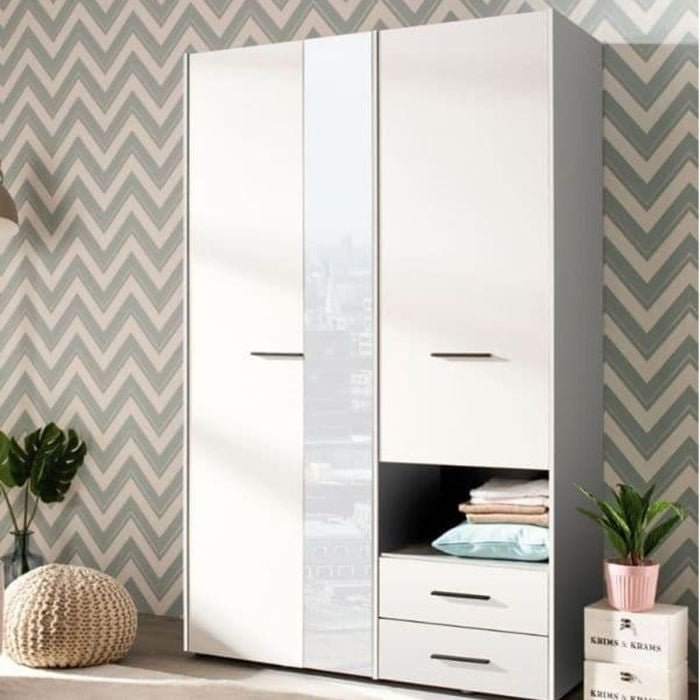 CHOICEWARDROBE HIGHAM 3-door white wardrobe with central mirrored panel and open shelf storage.
