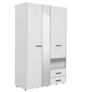 The HIGHAM 3 Door Mirrored Wardrobe in white (127.5cm) features a spacious design with two drawers, an open shelf on the right, and sleek straight lines with slim handles for a modern look.