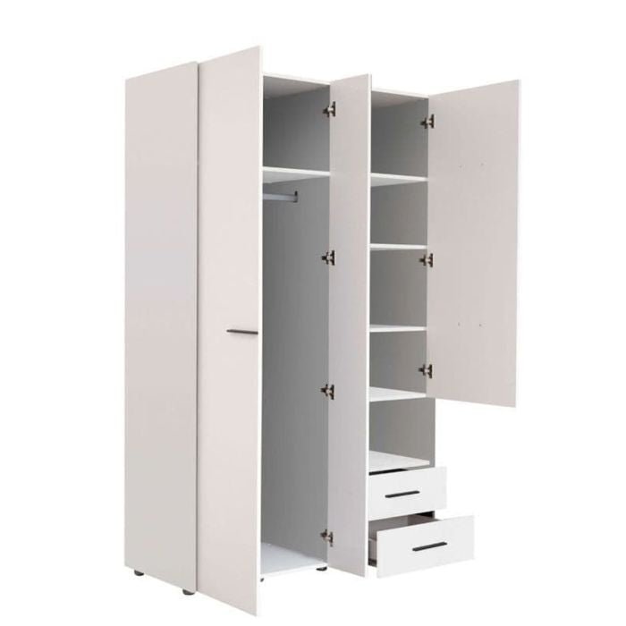 White 3-door CHOICEWARDROBE HIGHAM wardrobe with central mirrored door, open showing shelves and drawers.