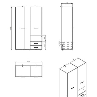 Line drawing of the HIGHAM 3 Door Mirrored Wardrobe in white, 127.5cm wide, with three doors and drawers. Includes front, side, top, and perspective views. Dimensions: 1276mm W x 2055mm H x 540mm D.