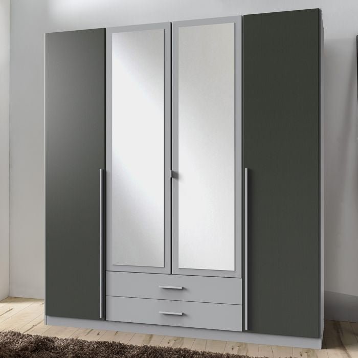 CHOICEWARDROBE HUSAM 4-door grey finish hinged wardrobe with mirrored centre doors.
