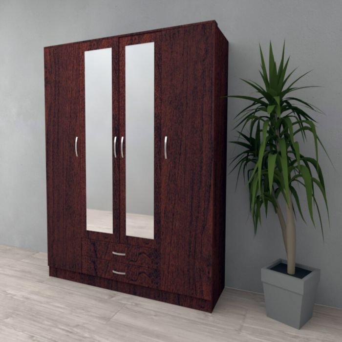 CHOICEWARDROBE Rose 4 door wardrobe in dark cherry finish with 2 mirrored doors and drawers.