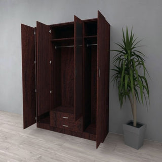A CHOICEWARDROBE Rose 4 Door Wardrobe with Mirrors, 180cm wide in walnut finish, stands open against a gray wall. To the right, a tall green potted plant sits on a light wood floor.
