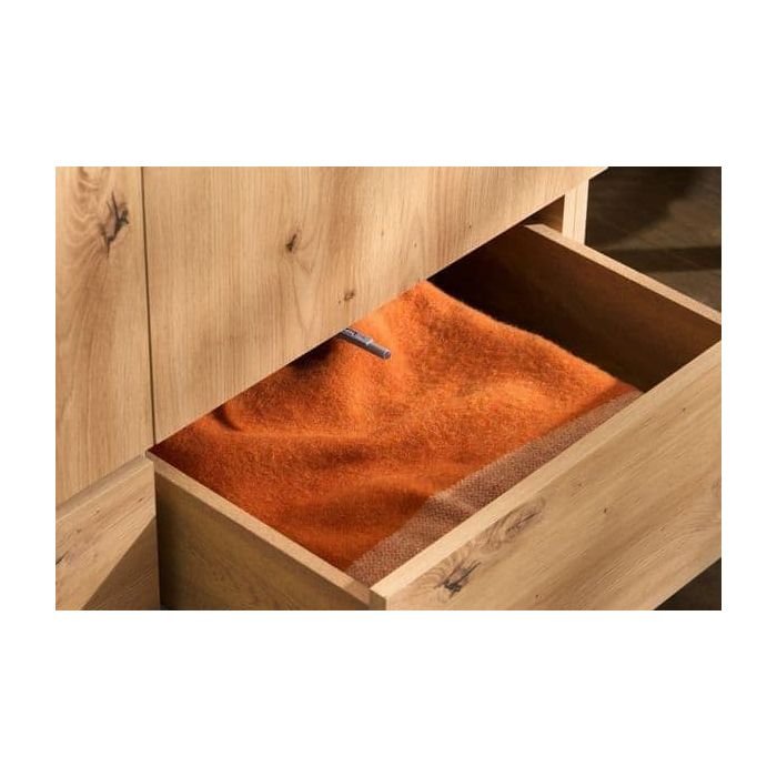 TUNA 2 Door Wardrobe Artisan Oak Effect: open drawer with orange cloth, natural wood grain.
