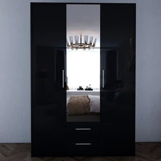 The WINSTEAD 3 Door Mirrored Wardrobe Black 135cm features a high gloss mirrored center that reflects a stylish bedroom. Its sleek design includes two bottom drawers for essential storage, making it perfect for modern, well-lit rooms.