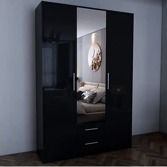 CHOICEWARDROBE WINSTEAD 3-door black high gloss mirrored wardrobe with visible drawers