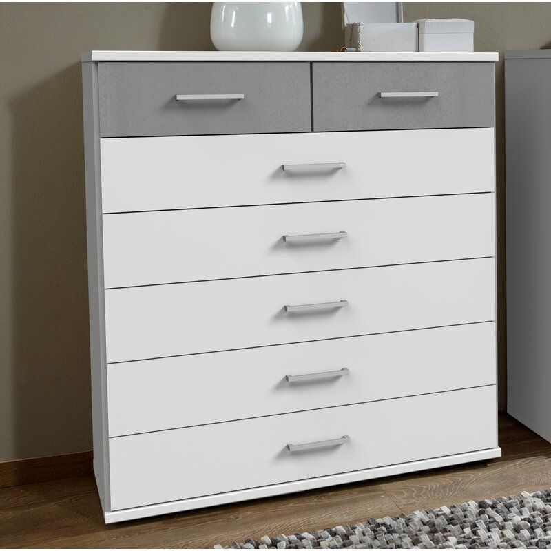 Dayton 90cm chest of drawers in white and grey — two smaller grey top drawers above five wider white drawers