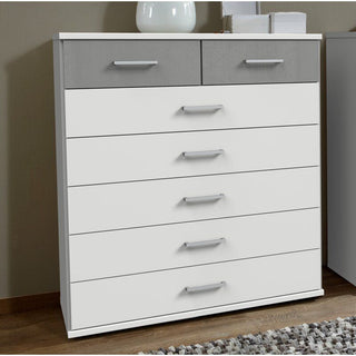 Dayton 90cm chest of drawers in white and grey — two smaller grey top drawers above five wider white drawers