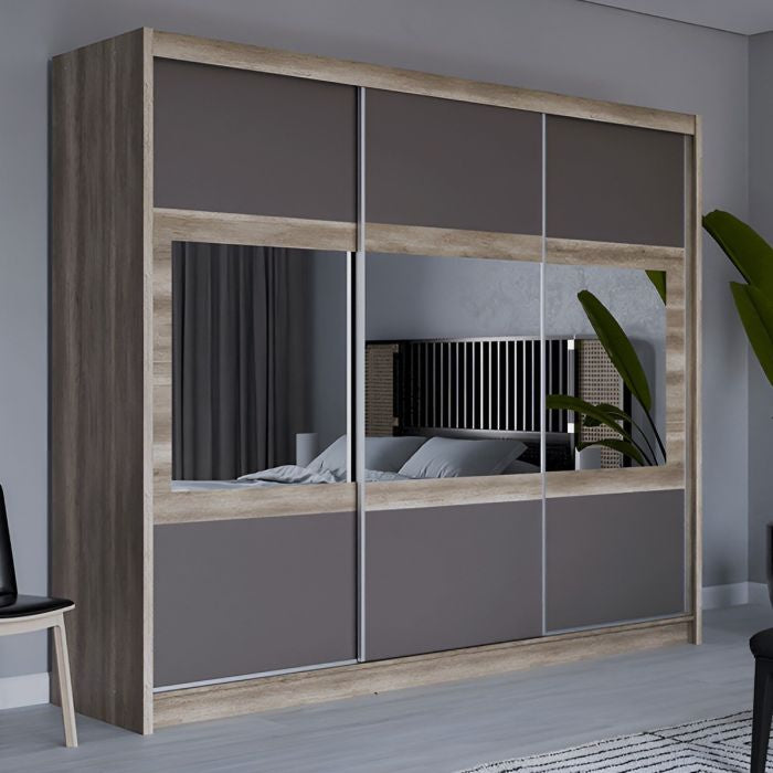 WINDSOR 3 door sliding wardrobe with mirrored panels in oak grey finish
