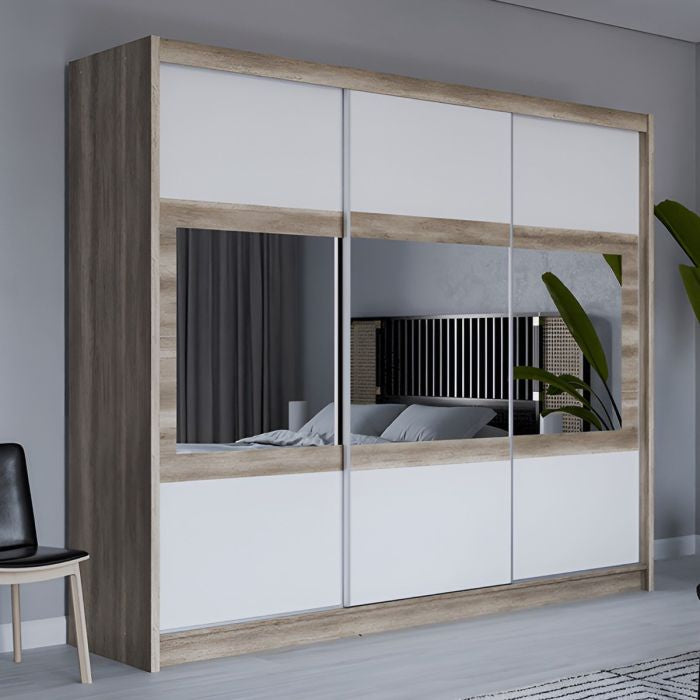 WINDSOR 3 door sliding wardrobe with mirrored panels in Oak White finish, 250cm wide