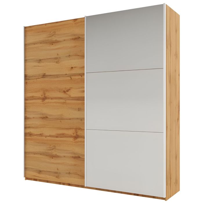 2-door sliding wardrobe with mirrored panel on right and Oak Wotan wood-effect on left