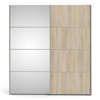 Vrok Mirrored Sliding Doors Wardrobe With 2 Shelves In White Oak
