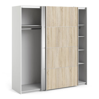 Vrok Mirrored Sliding Doors Wardrobe With 5 Shelves In White Oak